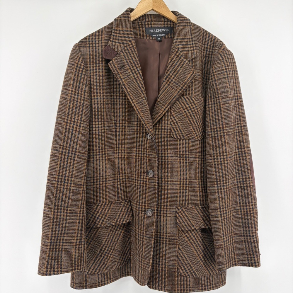 Braebrook VINTAGE Womens 100% Wool Brown Glen Plaid Blazer Elbow Patches Size 12